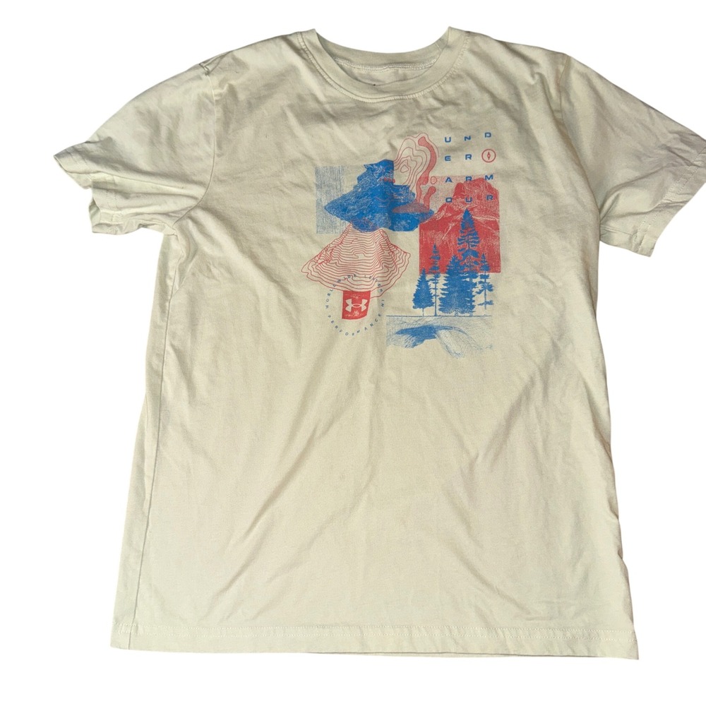 Under Armour Graphic Tee Youth‎ Large Cream Outdoor Mountain Topography Shirt